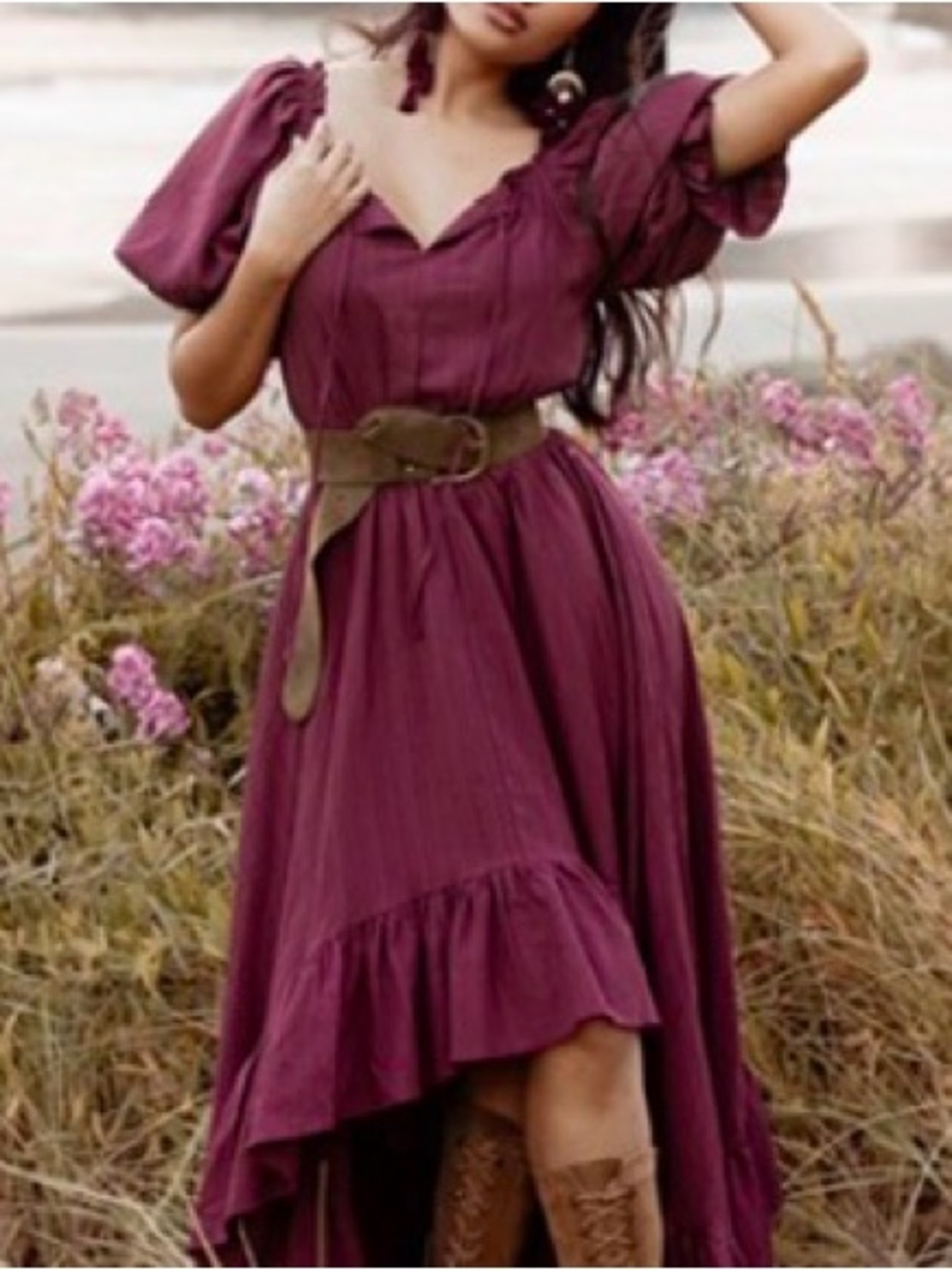 Joyfolie Burgundy High-Low Puff Sleeve Midi Dress
